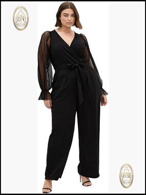 Mesh Sleeve Jumpsuit with V-Neck, Elastic Waist, Wide Leg